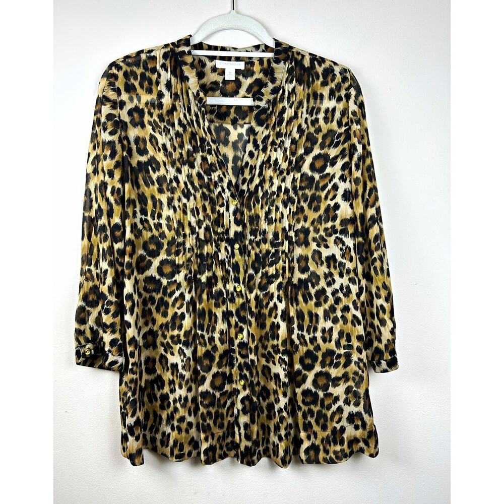 Charter Club Women’s M Leopard Print Chiffon Button Front Tunic Blouse V-Neck